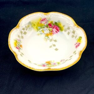 Antique A.Lanternier Limoges France hand painted motif embossed scalloped bowl.